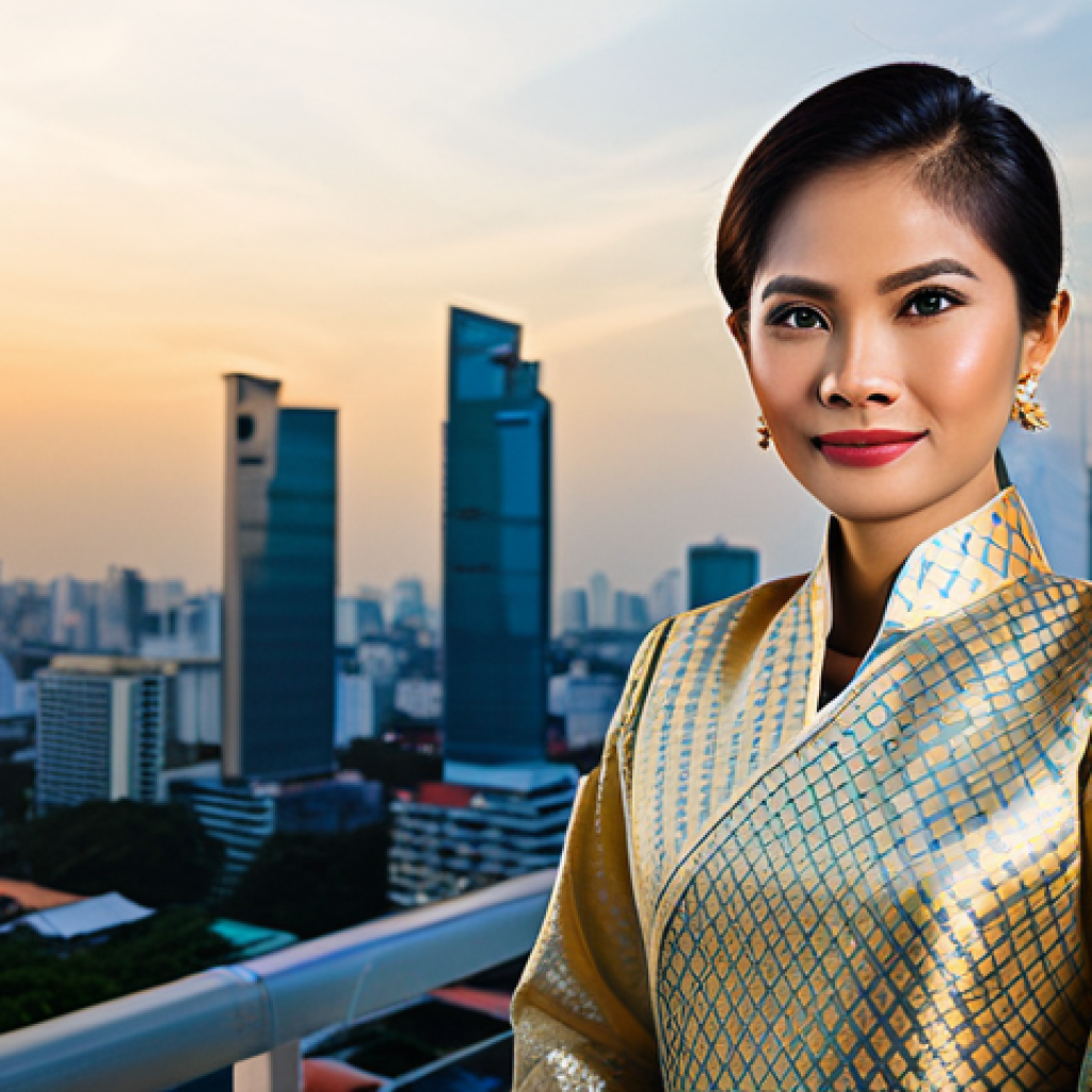 **Prompt:** A professional Thai businesswoman in a modest traditional Thai silk dress (Chut Thai), standing confidently in front of the Bangkok skyline at sunset, fully clothed, appropriate attire, safe for work, perfect anatomy, natural proportions, professional photography, high quality. Family-friendly.