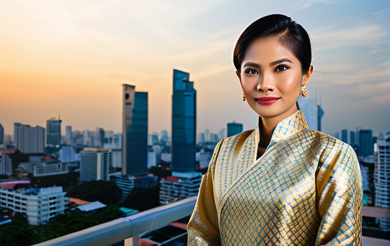 **Prompt:** A professional Thai businesswoman in a modest traditional Thai silk dress (Chut Thai), standing confidently in front of the Bangkok skyline at sunset, fully clothed, appropriate attire, safe for work, perfect anatomy, natural proportions, professional photography, high quality. Family-friendly.