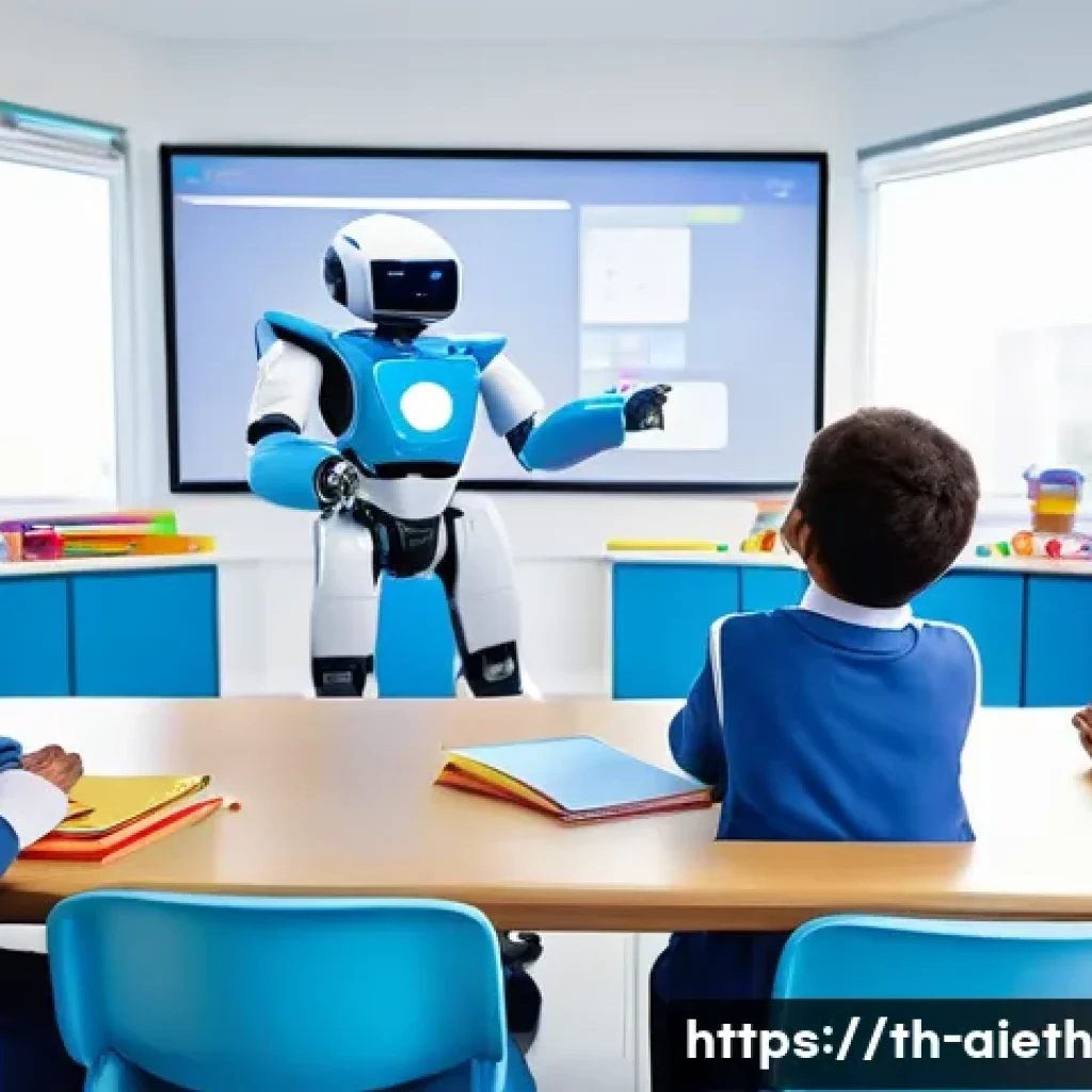 AI 윤리와 AI 윤리적 AI 교육 정책 - **Prompt 1: Future Classroom with AI Assistant**
"A vibrant and futuristic classroom filled with...