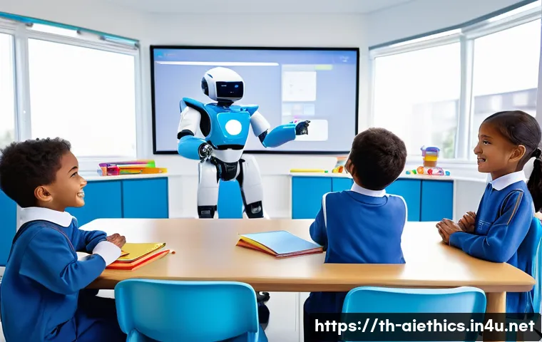 AI 윤리와 AI 윤리적 AI 교육 정책 - **Prompt 1: Future Classroom with AI Assistant**
    "A vibrant and futuristic classroom filled with...