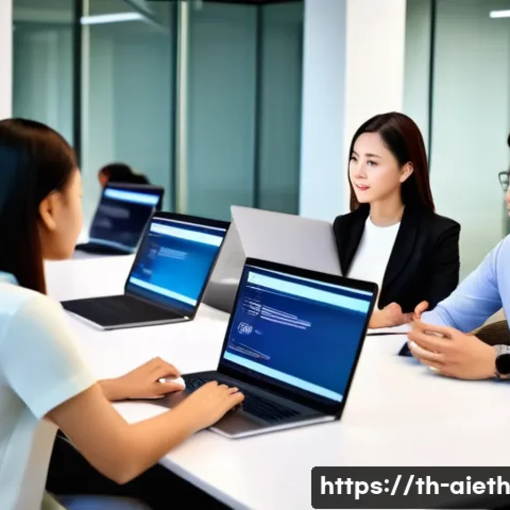 AI 윤리와 AI 윤리적 AI 커리큘럼 - A modern Thai office environment where a diverse team of AI developers and ethicists collaborate ope...