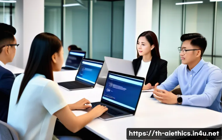 AI 윤리와 AI 윤리적 AI 커리큘럼 - A modern Thai office environment where a diverse team of AI developers and ethicists collaborate ope...