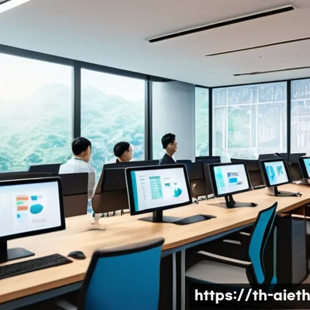 AI 윤리와 AI 소셜 미디어 - A modern digital workspace scene showing a diverse group of Thai professionals collaborating on AI e...