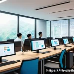 Home 22 AI 윤리와 AI 소셜 미디어 - A modern digital workspace scene showing a diverse group of Thai professionals collaborating on AI e...