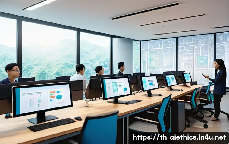 AI 윤리와 AI 소셜 미디어 - A modern digital workspace scene showing a diverse group of Thai professionals collaborating on AI e...