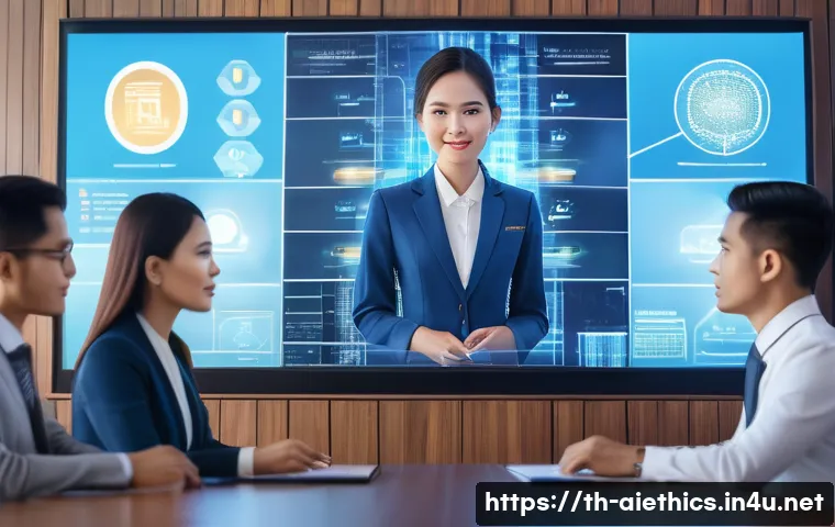 AI 윤리와 AI 윤리적 AI 산업 규제 - A modern Thai government office scene focused on AI transparency and ethics, featuring diverse Thai ...