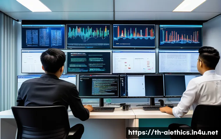 AI 윤리와 윤리적 해킹 - A modern office environment in Bangkok, Thailand, showcasing diverse IT professionals collaborativel...