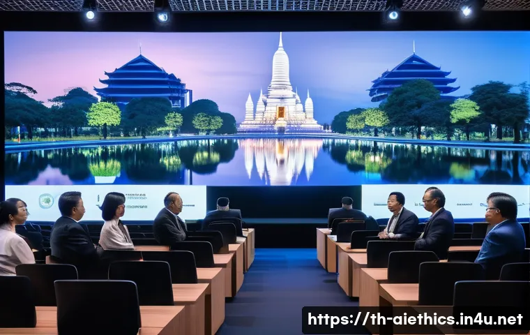 AI 윤리와 AI 윤리적 AI 커뮤니티 - A professional conference scene in Bangkok featuring diverse AI experts and government officials dis...