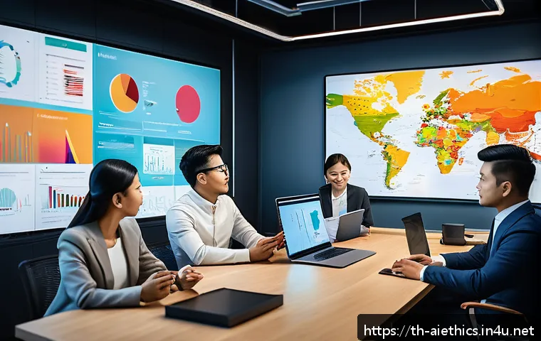 AI 윤리와 AI 윤리적 AI 평가 시스템 - A diverse group of professional AI developers and ethicists collaborating in a modern Thai office en...
