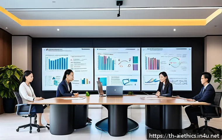 AI 윤리 정책 사례 - A modern Thai corporate office scene focused on AI ethics policy implementation: diverse Thai profes...