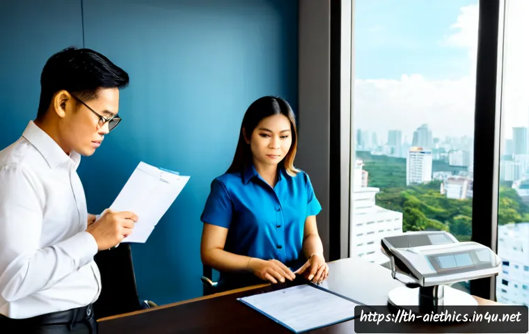 Home 29 AI 윤리와 AI 윤리적 AI 법적 책임 - Photorealistic Thai legal advisor and AI ethics specialist in a modern Bangkok office, thoughtfully ...