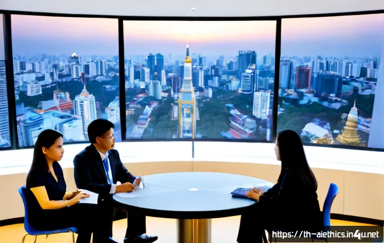 AI 윤리와 AI 감시 체계 - Photorealistic modern AI ethics oversight meeting in Bangkok, Thailand: diverse Thai professionals i...