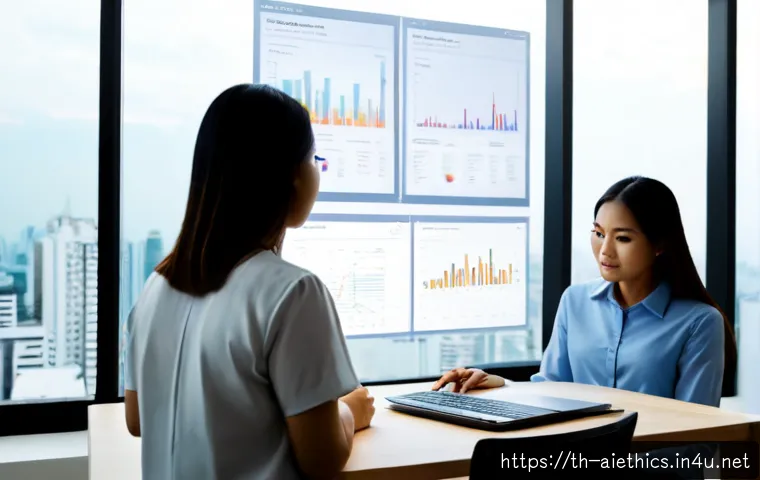 Home 17 AI 윤리와 설명 가능 AI - Photorealistic ethical AI concept in a modern Bangkok office, Thai data scientist in smart casual cl...