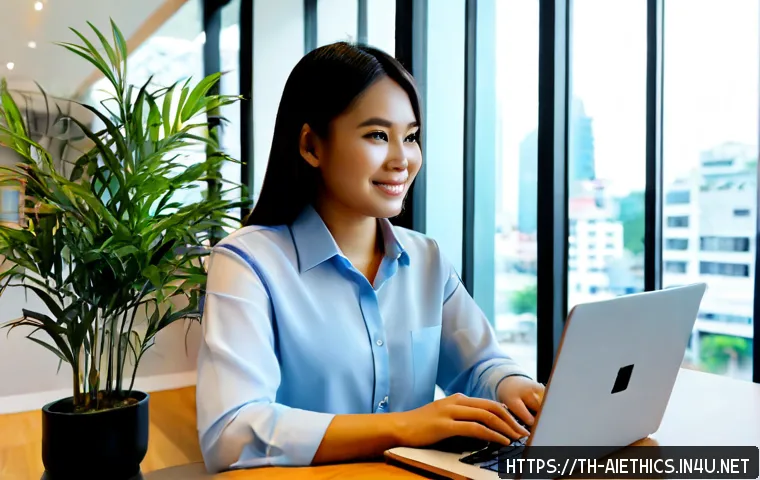 AI 윤리와 AI 윤리적 AI 챗봇 - Photorealistic ethical AI chatbot concept, a friendly Thai customer service professional in modest b...